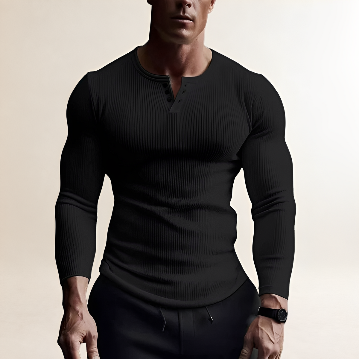 Men's Long Sleeve Henley Shirt - Ribbed Design, Slim Fit