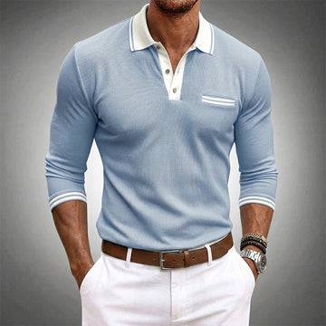 Men's Long Sleeve Polo Shirt with Contrast Trim and Chest Pocket