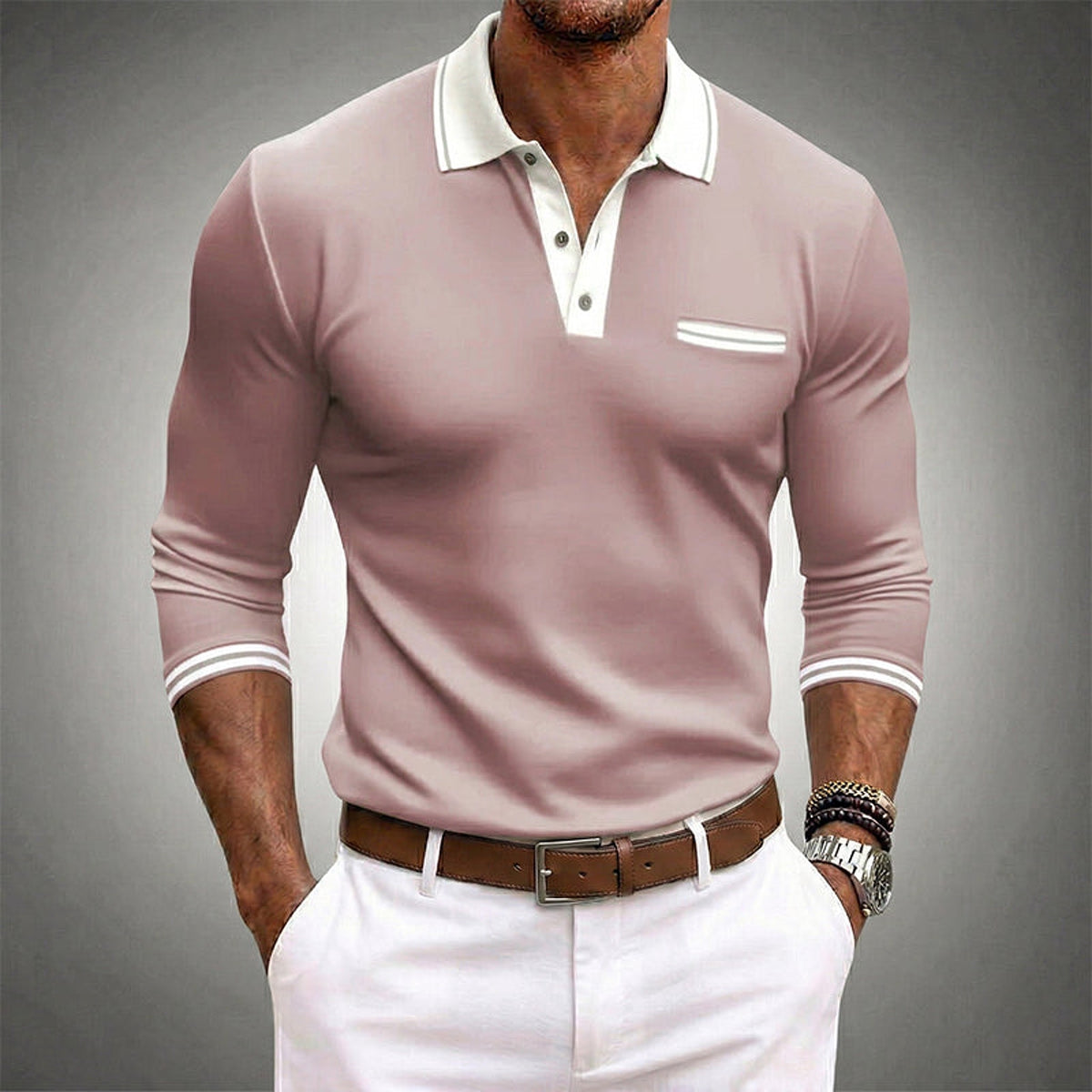 Men's Long Sleeve Polo Shirt with Contrast Trim and Chest Pocket