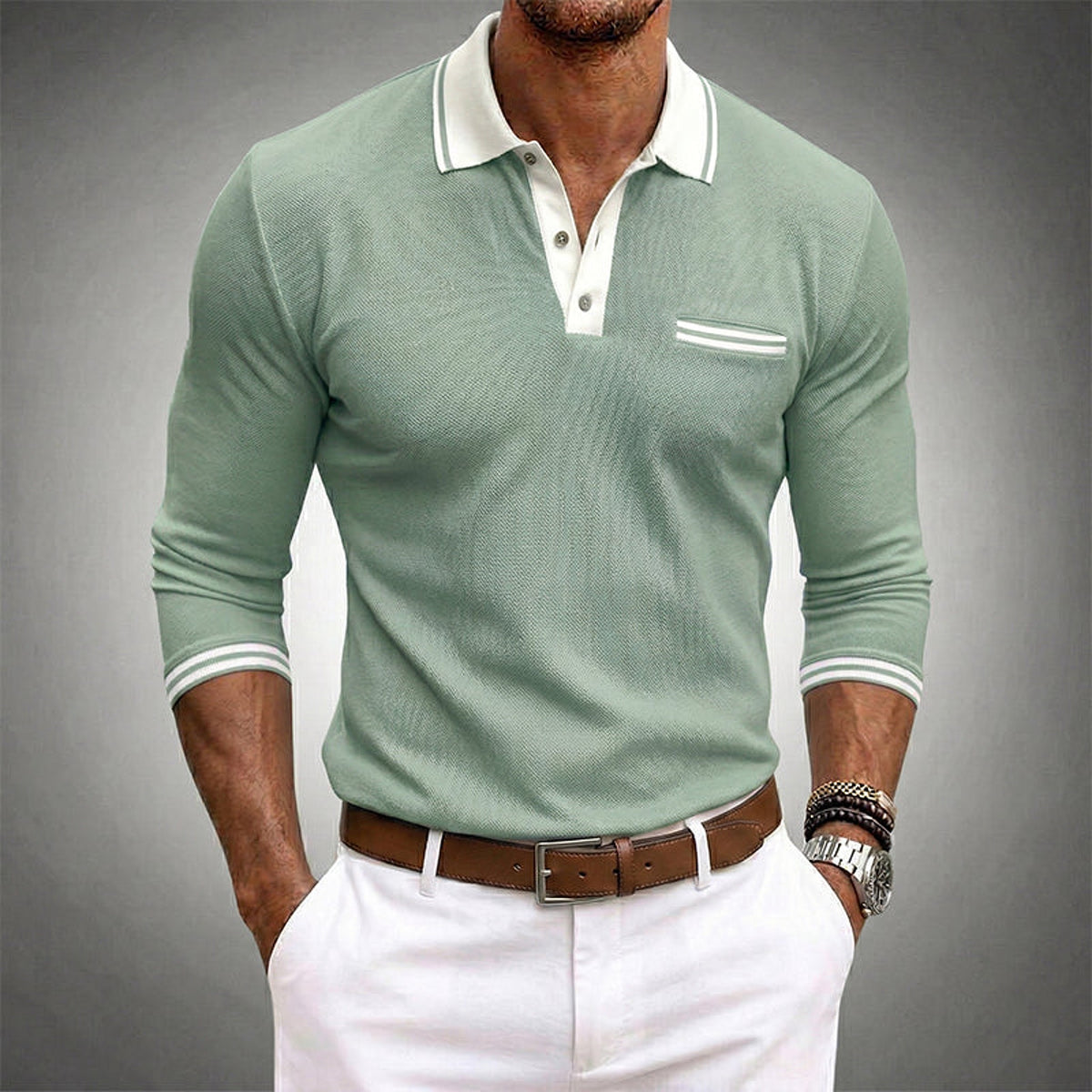 Men's Long Sleeve Polo Shirt with Contrast Trim and Chest Pocket