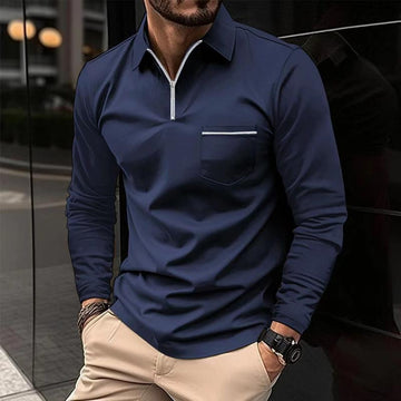 Men's Long-Sleeve Polo Shirt with Quarter-Zip Collar and Chest Pocket, Regular Fit
