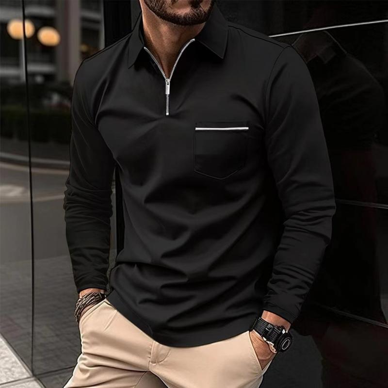 Men's Long-Sleeve Polo Shirt with Quarter-Zip Collar and Chest Pocket, Regular Fit