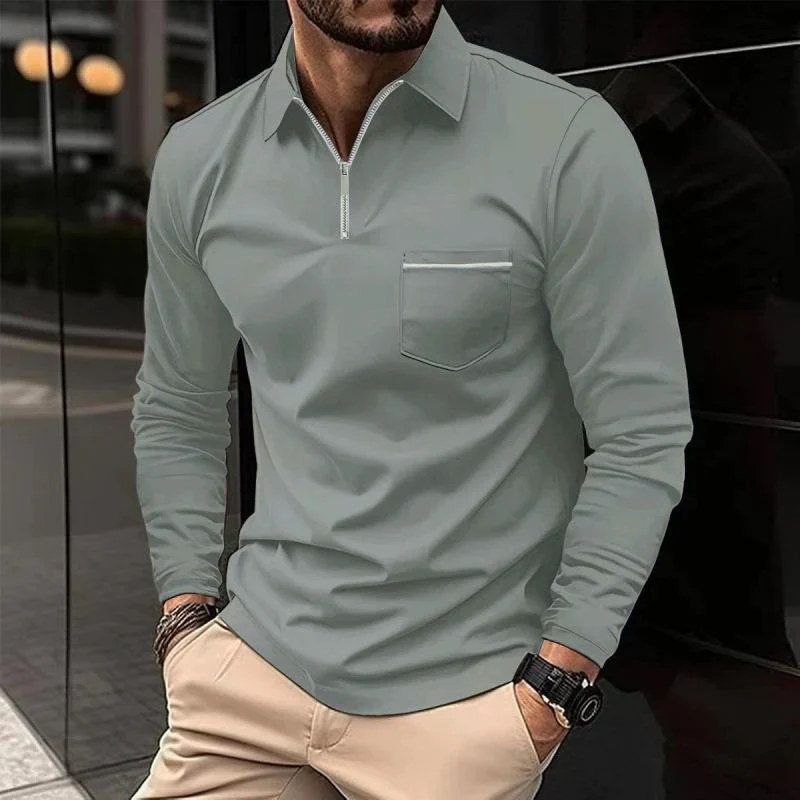 Men's Long-Sleeve Polo Shirt with Quarter-Zip Collar and Chest Pocket, Regular Fit