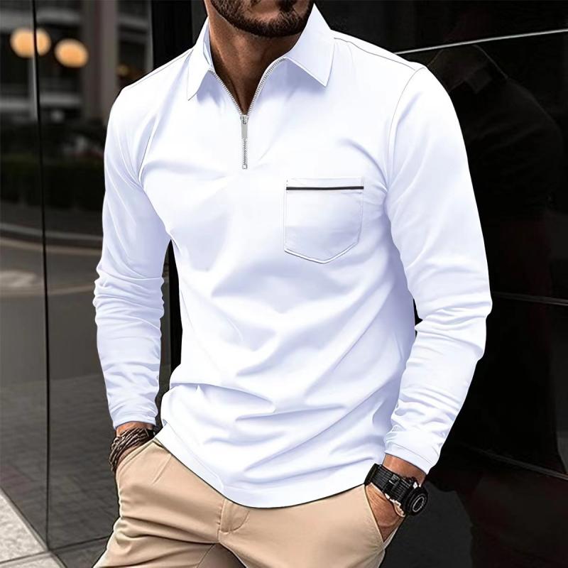 Men's Long-Sleeve Polo Shirt with Quarter-Zip Collar and Chest Pocket, Regular Fit