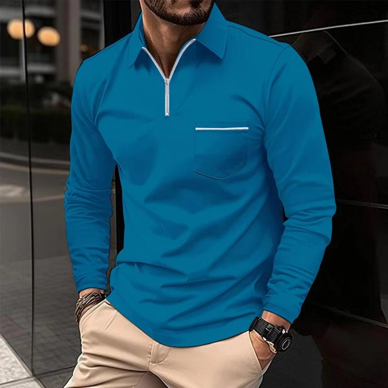 Men's Long-Sleeve Polo Shirt with Quarter-Zip Collar and Chest Pocket, Regular Fit