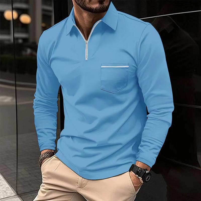 Men's Long-Sleeve Polo Shirt with Quarter-Zip Collar and Chest Pocket, Regular Fit