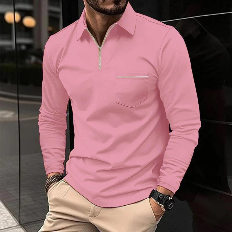 Men's Long-Sleeve Polo Shirt with Quarter-Zip Collar and Chest Pocket, Regular Fit