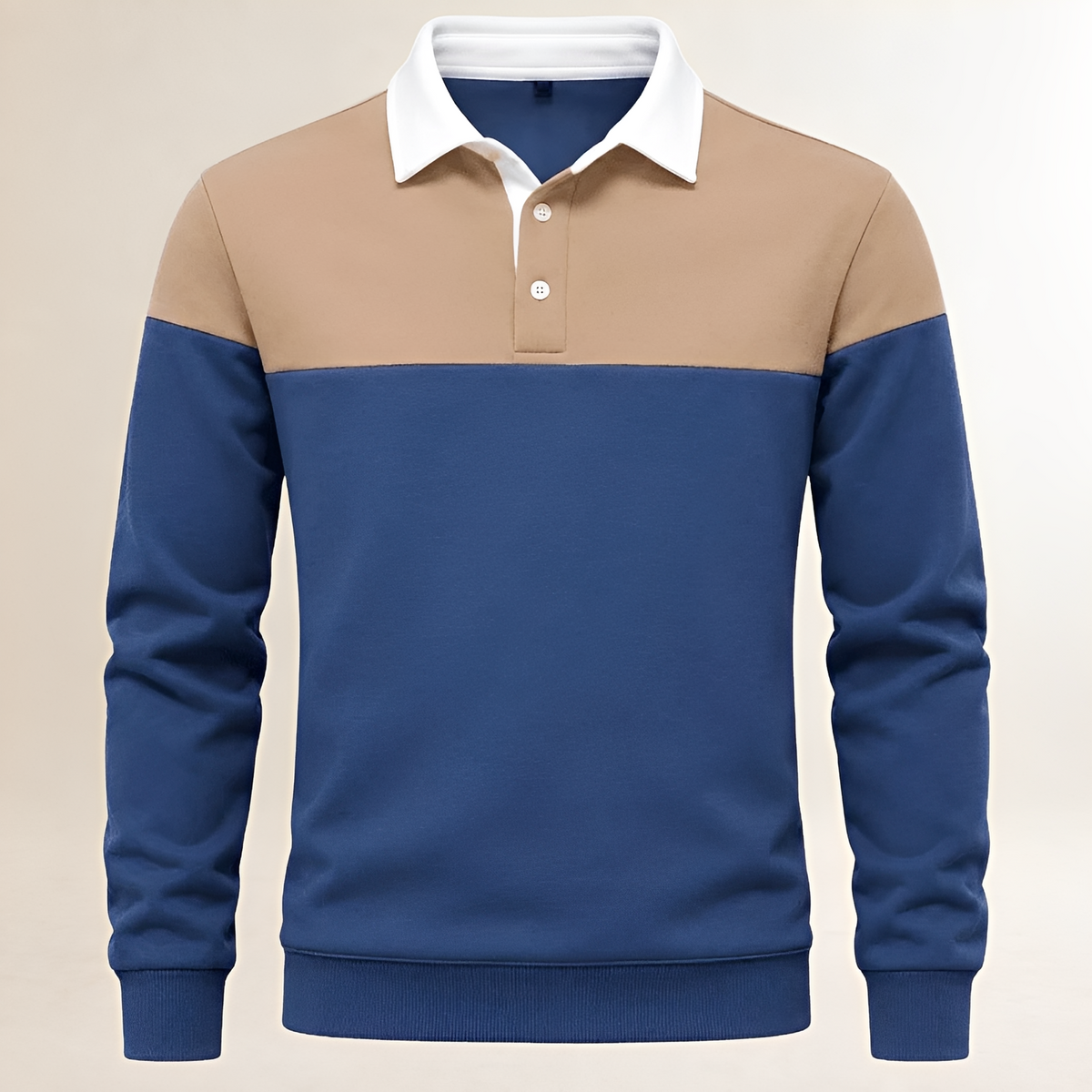 Men's Long-Sleeve Polo with Contrast Collar, Button Placket and Colorblock Yoke, Regular Fit