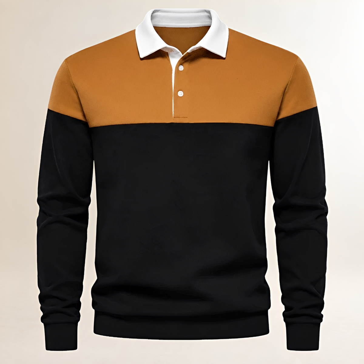 Men's Long-Sleeve Polo with Contrast Collar, Button Placket and Colorblock Yoke, Regular Fit