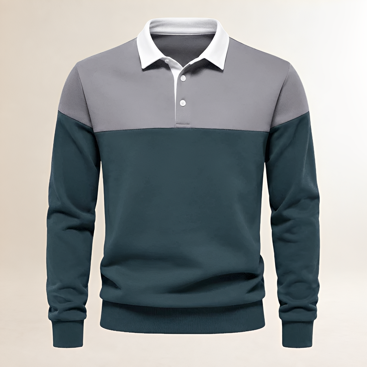 Men's Long-Sleeve Polo with Contrast Collar, Button Placket and Colorblock Yoke, Regular Fit