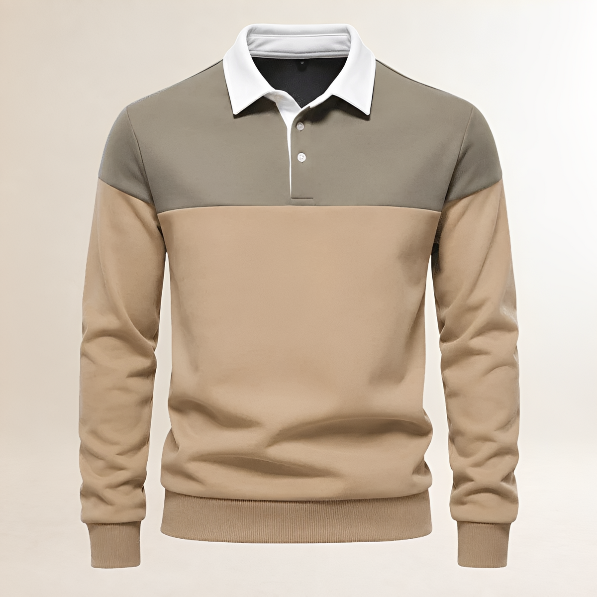 Men's Long-Sleeve Polo with Contrast Collar, Button Placket and Colorblock Yoke, Regular Fit