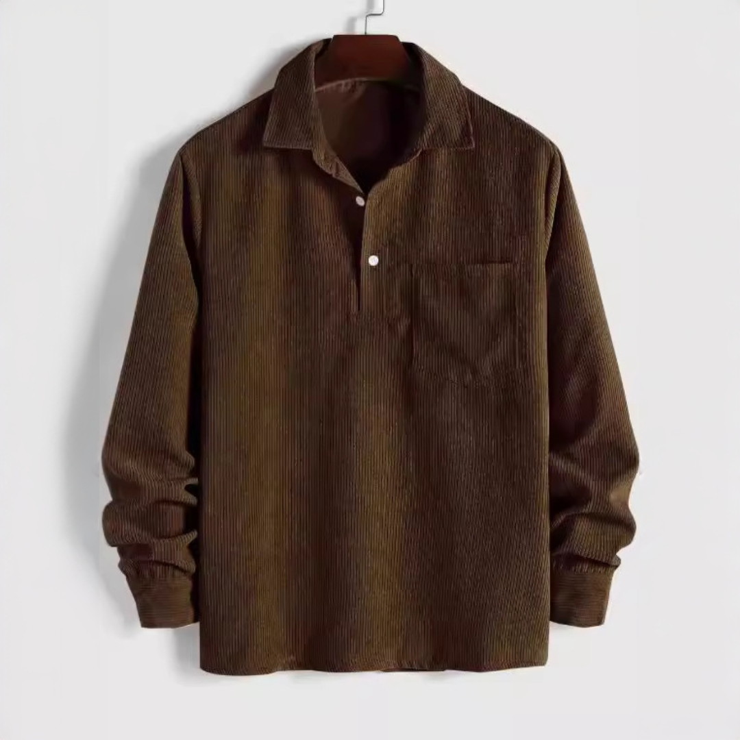 Men's Long-Sleeve Popover Shirt with Point Collar and Chest Pocket - Relaxed Fit