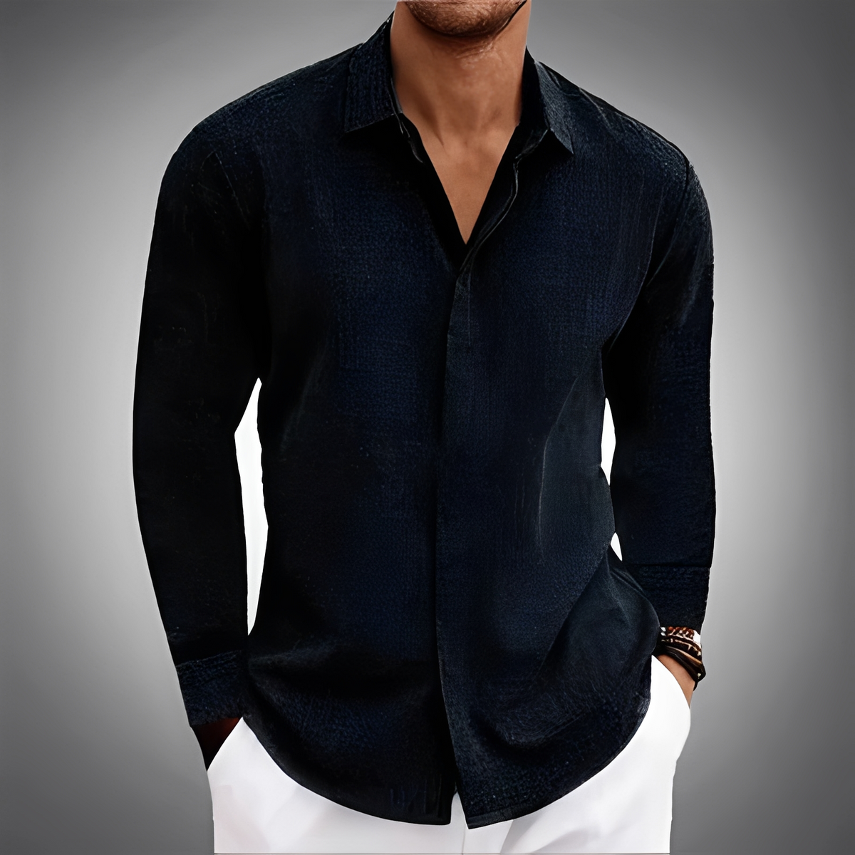 Men's Long-Sleeve Shirt with Point Collar and Concealed Button Placket - Relaxed Fit, Textured Finish