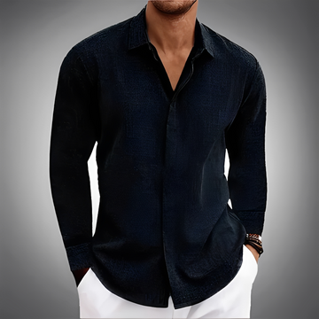 Men's Long-Sleeve Shirt with Point Collar and Concealed Button Placket - Relaxed Fit, Textured Finish