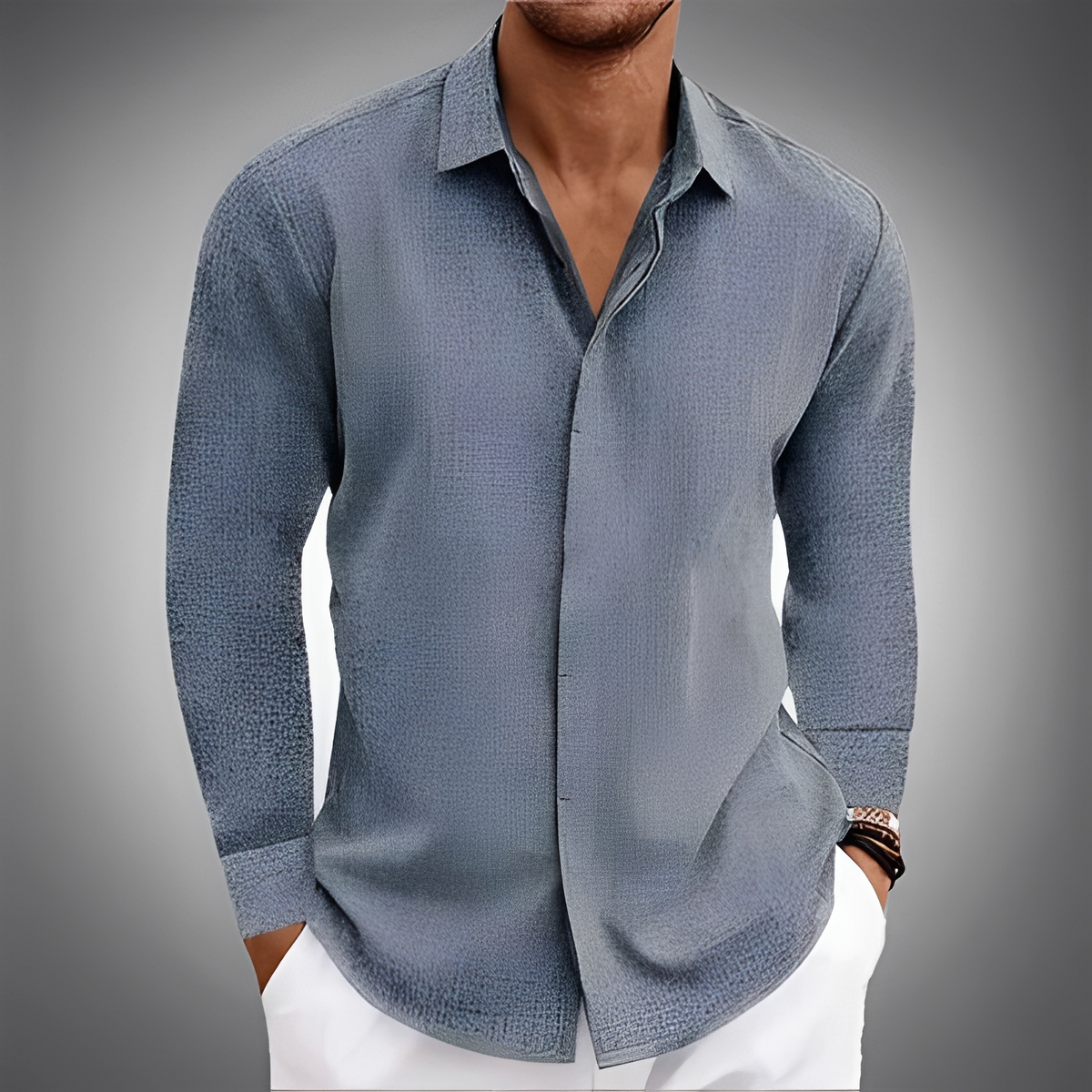 Men's Long-Sleeve Shirt with Point Collar and Concealed Button Placket - Relaxed Fit, Textured Finish