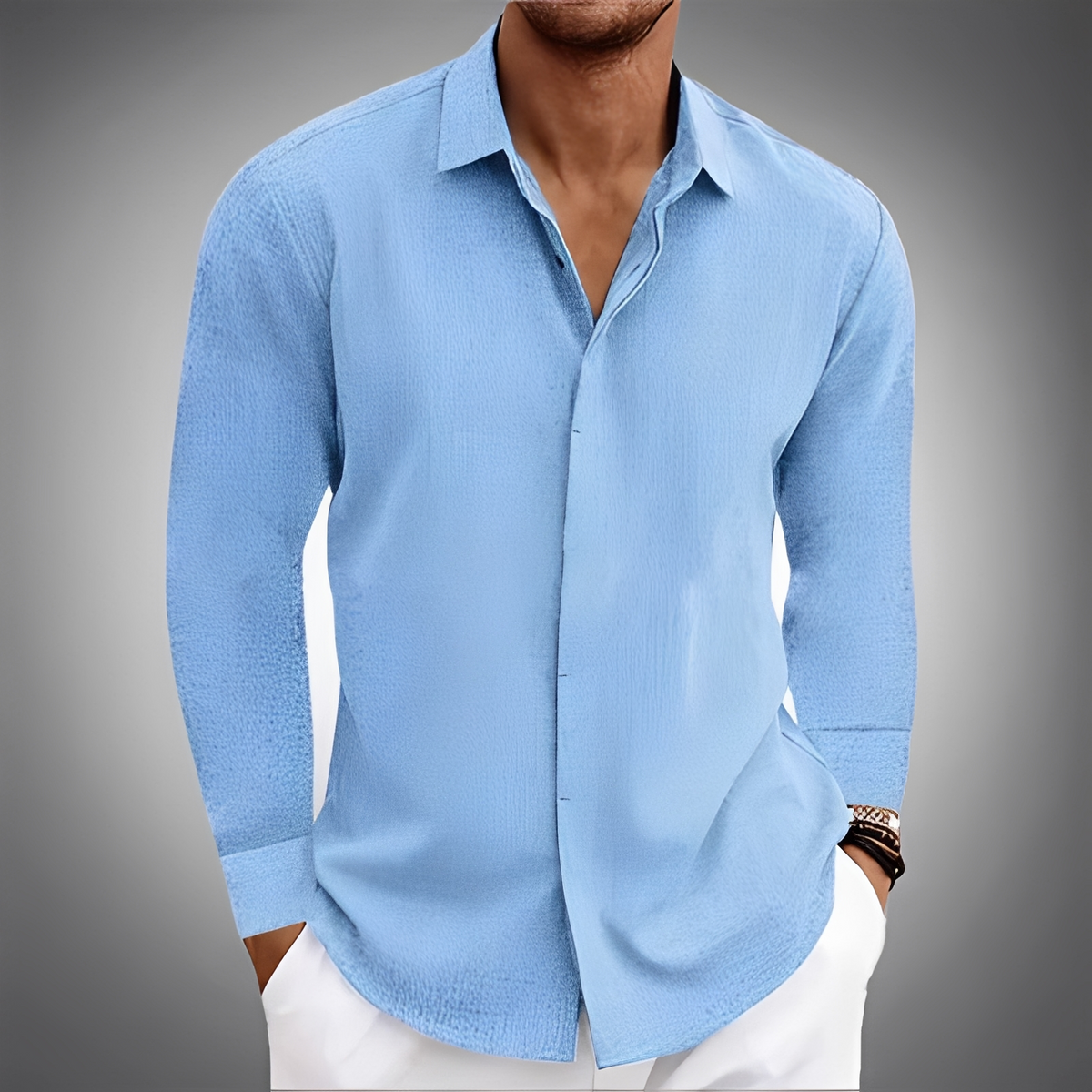 Men's Long-Sleeve Shirt with Point Collar and Concealed Button Placket - Relaxed Fit, Textured Finish