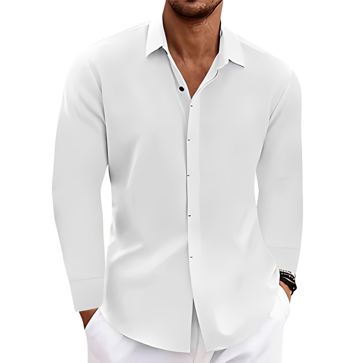 Men's Long-Sleeve Shirt with Point Collar and Concealed Button Placket - Relaxed Fit, Textured Finish