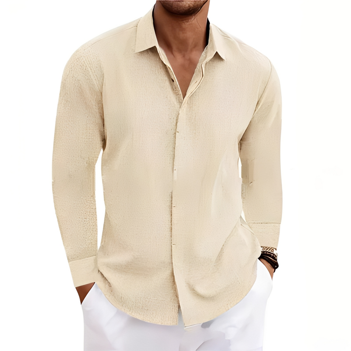 Men's Long-Sleeve Shirt with Point Collar and Concealed Button Placket - Relaxed Fit, Textured Finish