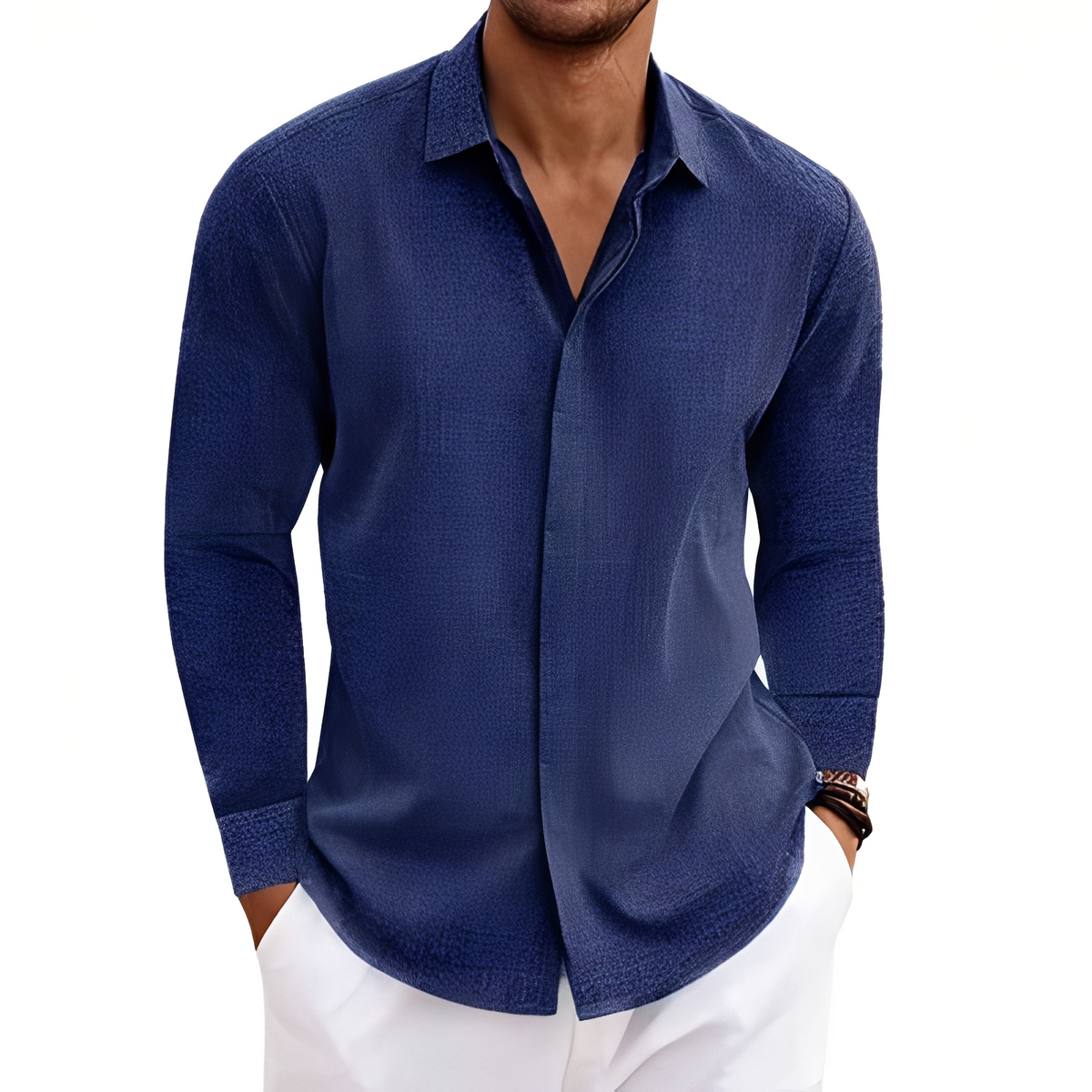 Men's Long-Sleeve Shirt with Point Collar and Concealed Button Placket - Relaxed Fit, Textured Finish