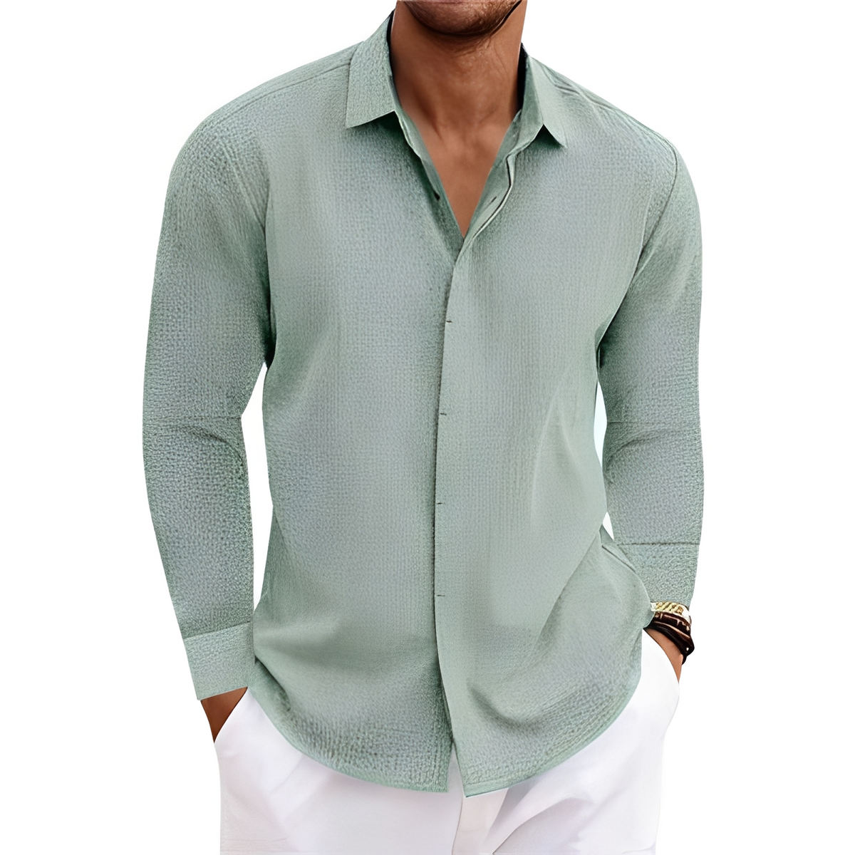 Men's Long-Sleeve Shirt with Point Collar and Concealed Button Placket - Relaxed Fit, Textured Finish