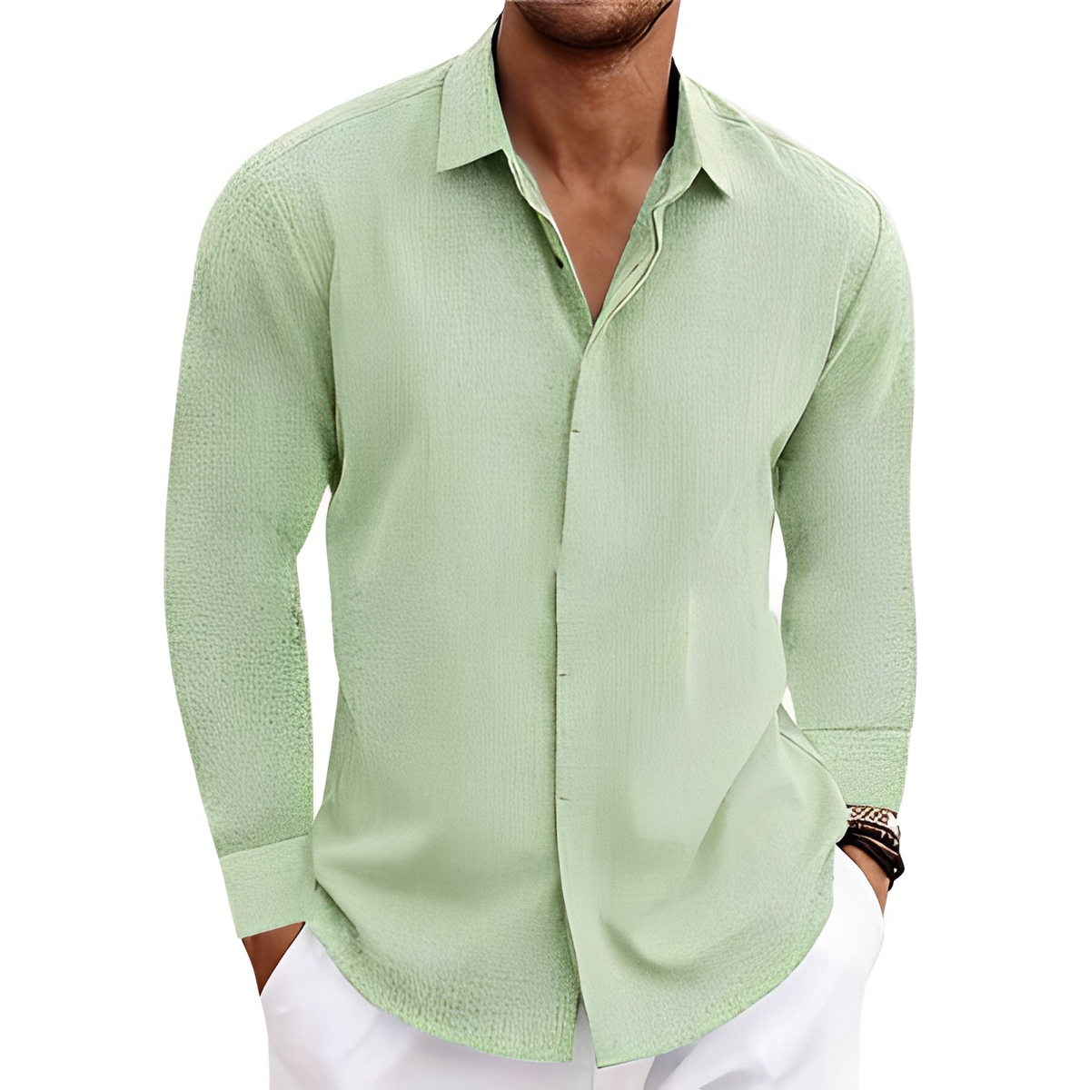 Men's Long-Sleeve Shirt with Point Collar and Concealed Button Placket - Relaxed Fit, Textured Finish