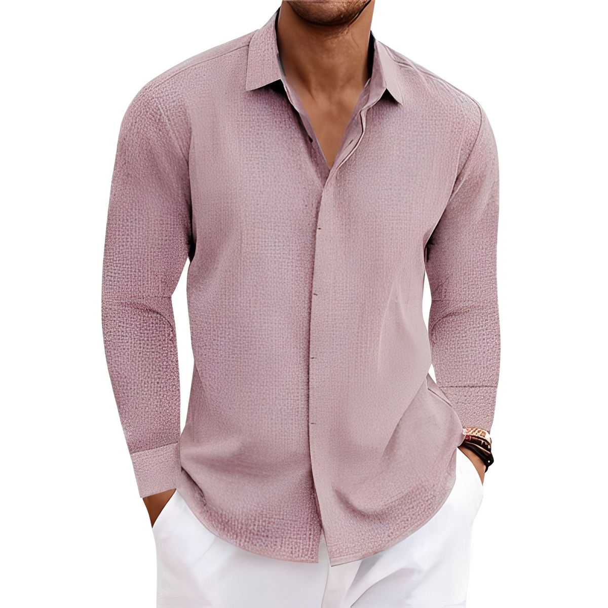 Men's Long-Sleeve Shirt with Point Collar and Concealed Button Placket - Relaxed Fit, Textured Finish
