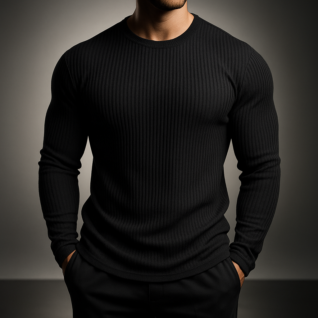 Men's Long Sleeve Sweater Textured Design - Crew Neck, Fitted Cut