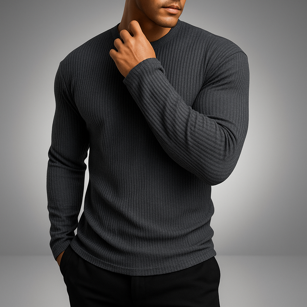 Men's Long Sleeve Sweater Textured Design - Crew Neck, Fitted Cut