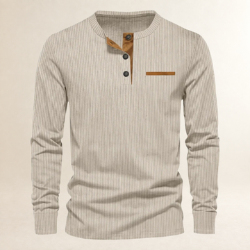 Men's Long-Sleeved Henley Shirt - Ribbed Texture, Button Placket, Tailored Fit