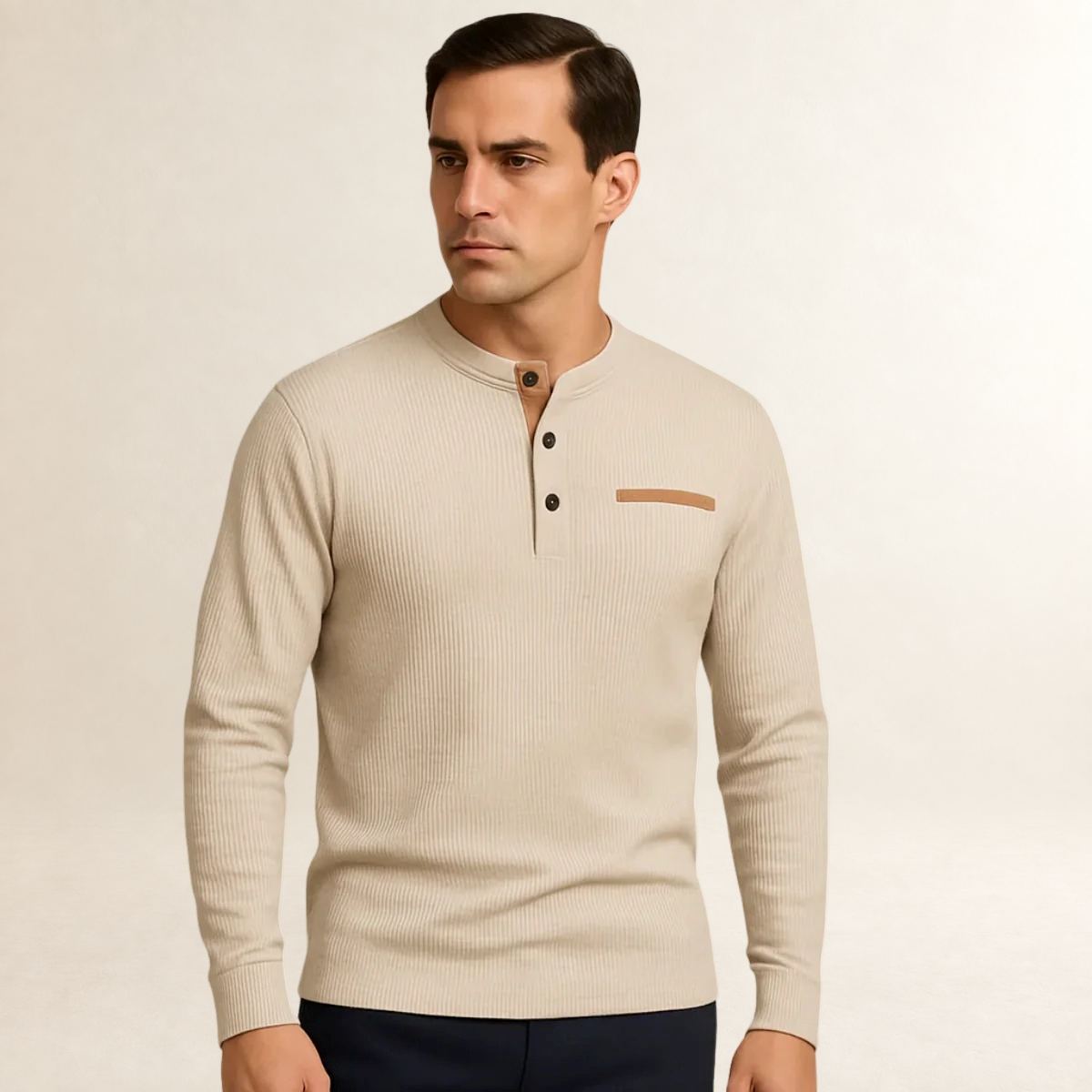 Men's Long-Sleeved Henley Shirt - Ribbed Texture, Button Placket, Tailored Fit