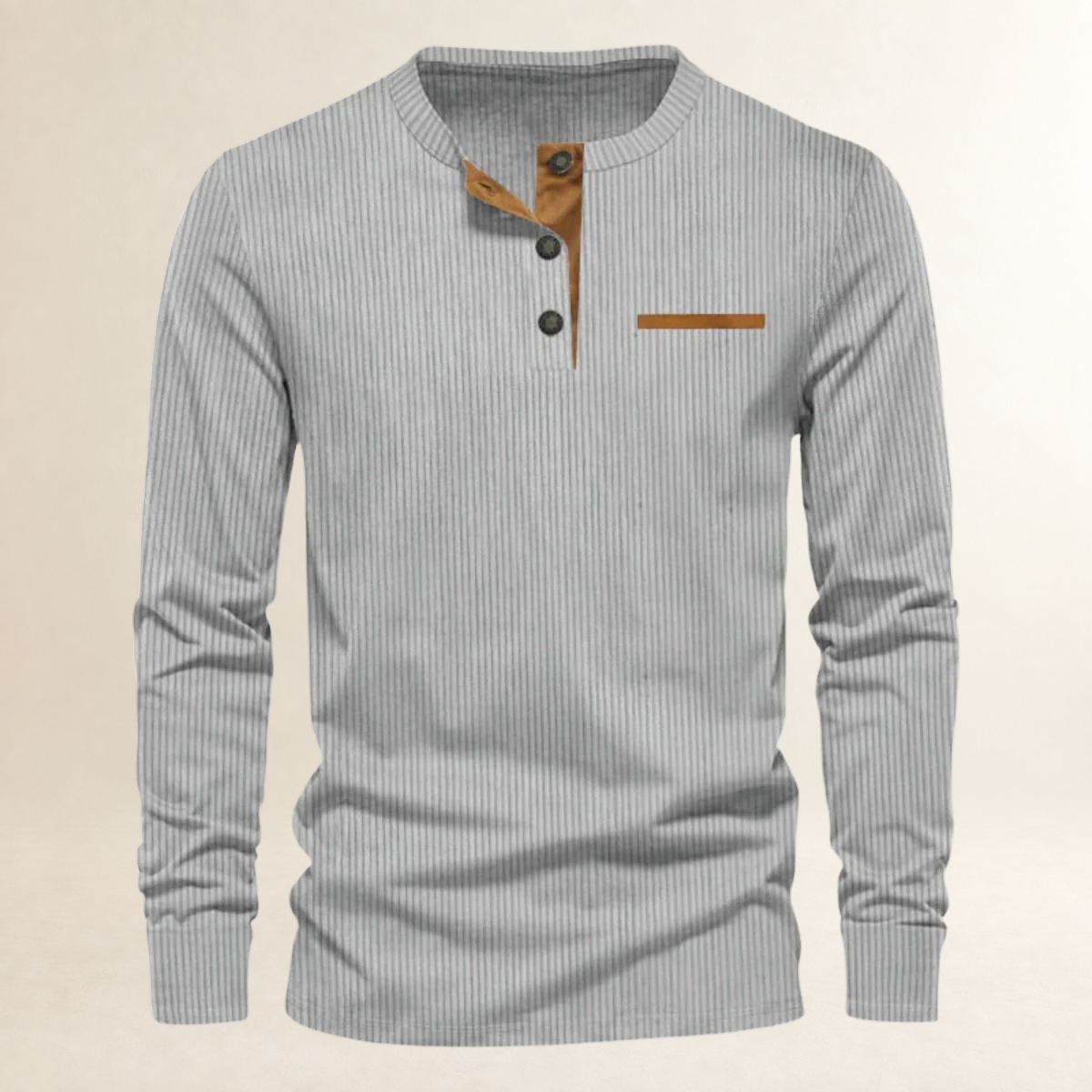 Men's Long-Sleeved Henley Shirt - Ribbed Texture, Button Placket, Tailored Fit