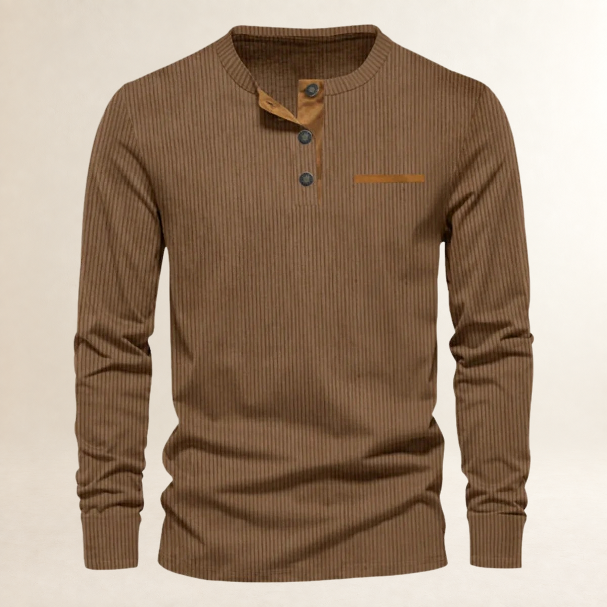 Men's Long-Sleeved Henley Shirt - Ribbed Texture, Button Placket, Tailored Fit