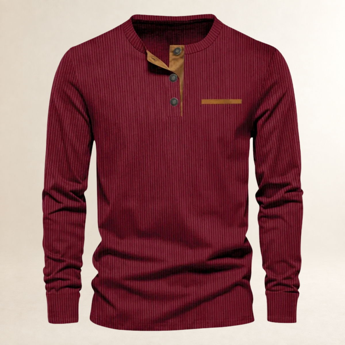 Men's Long-Sleeved Henley Shirt - Ribbed Texture, Button Placket, Tailored Fit