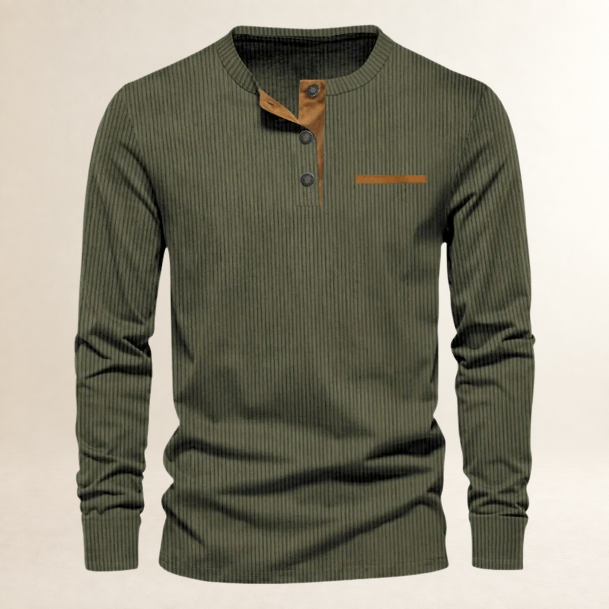 Men's Long-Sleeved Henley Shirt - Ribbed Texture, Button Placket, Tailored Fit