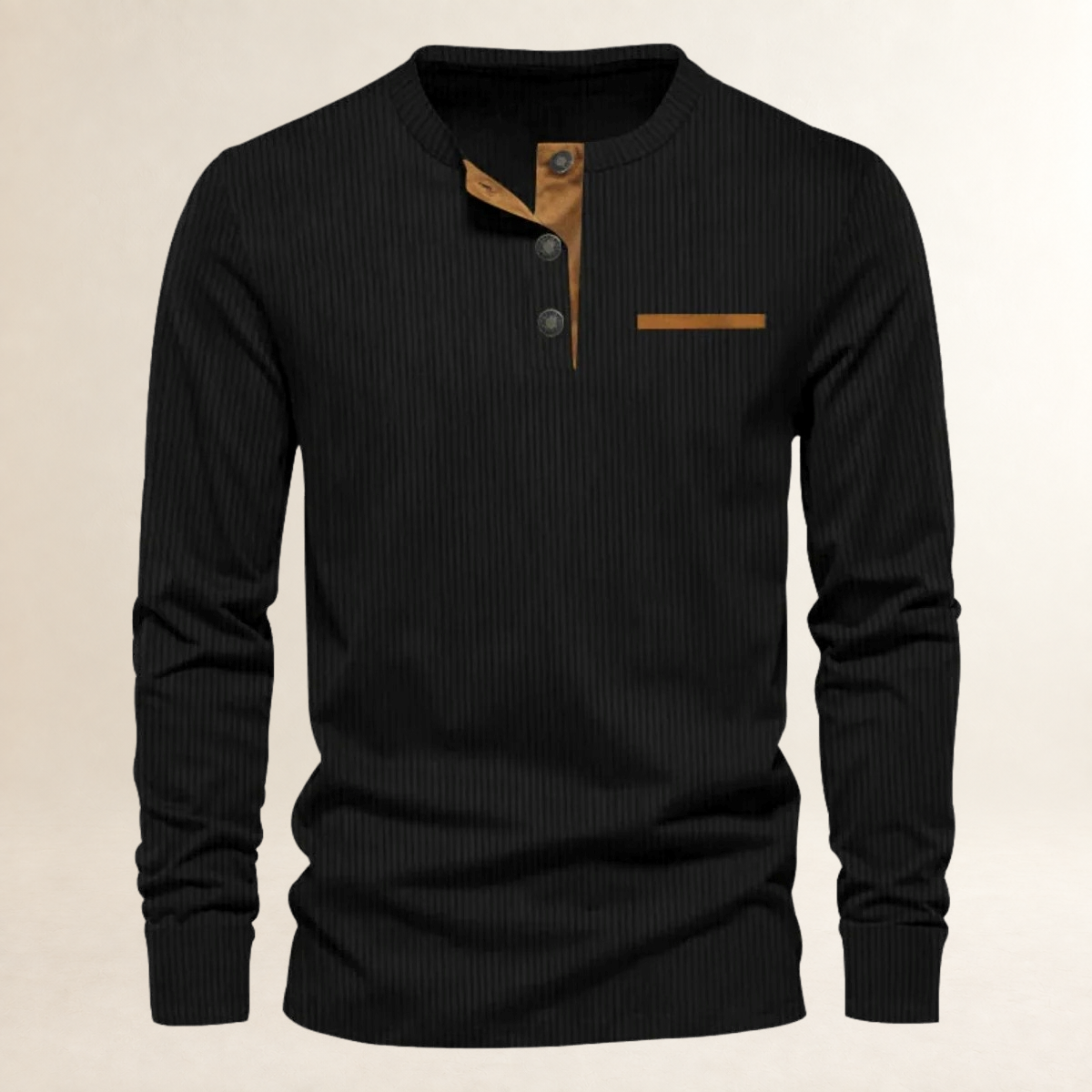Men's Long-Sleeved Henley Shirt - Ribbed Texture, Button Placket, Tailored Fit