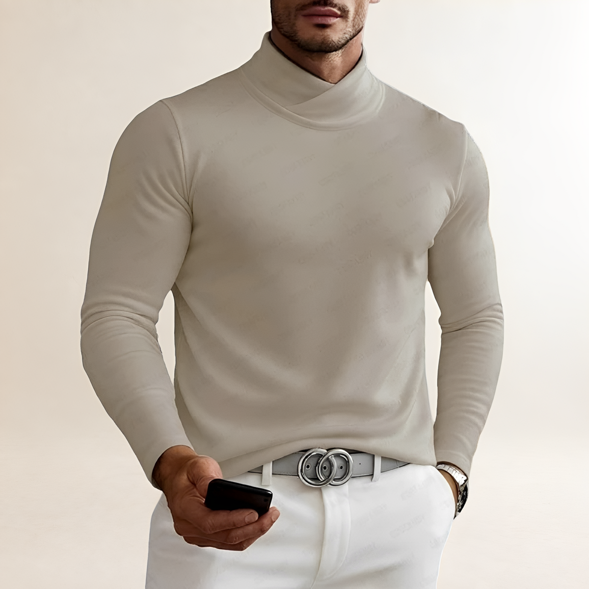 Men's Long-Sleeved Turtleneck Shirt - Cross Neck Design, Fitted Style