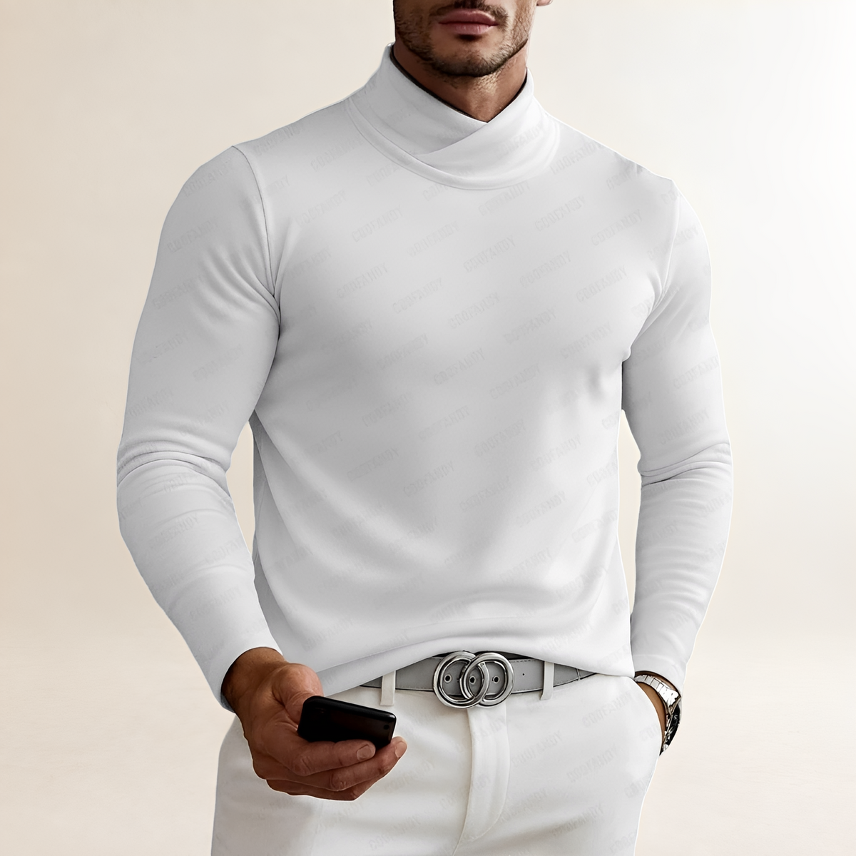 Men's Long-Sleeved Turtleneck Shirt - Cross Neck Design, Fitted Style