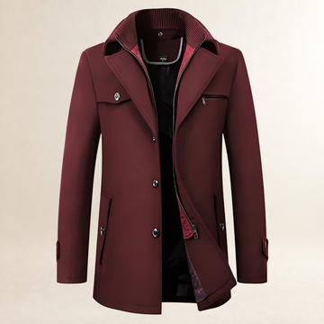 Men's Mid-Length Pea Coat - Notched Lapel, Button Front, Flap Pockets