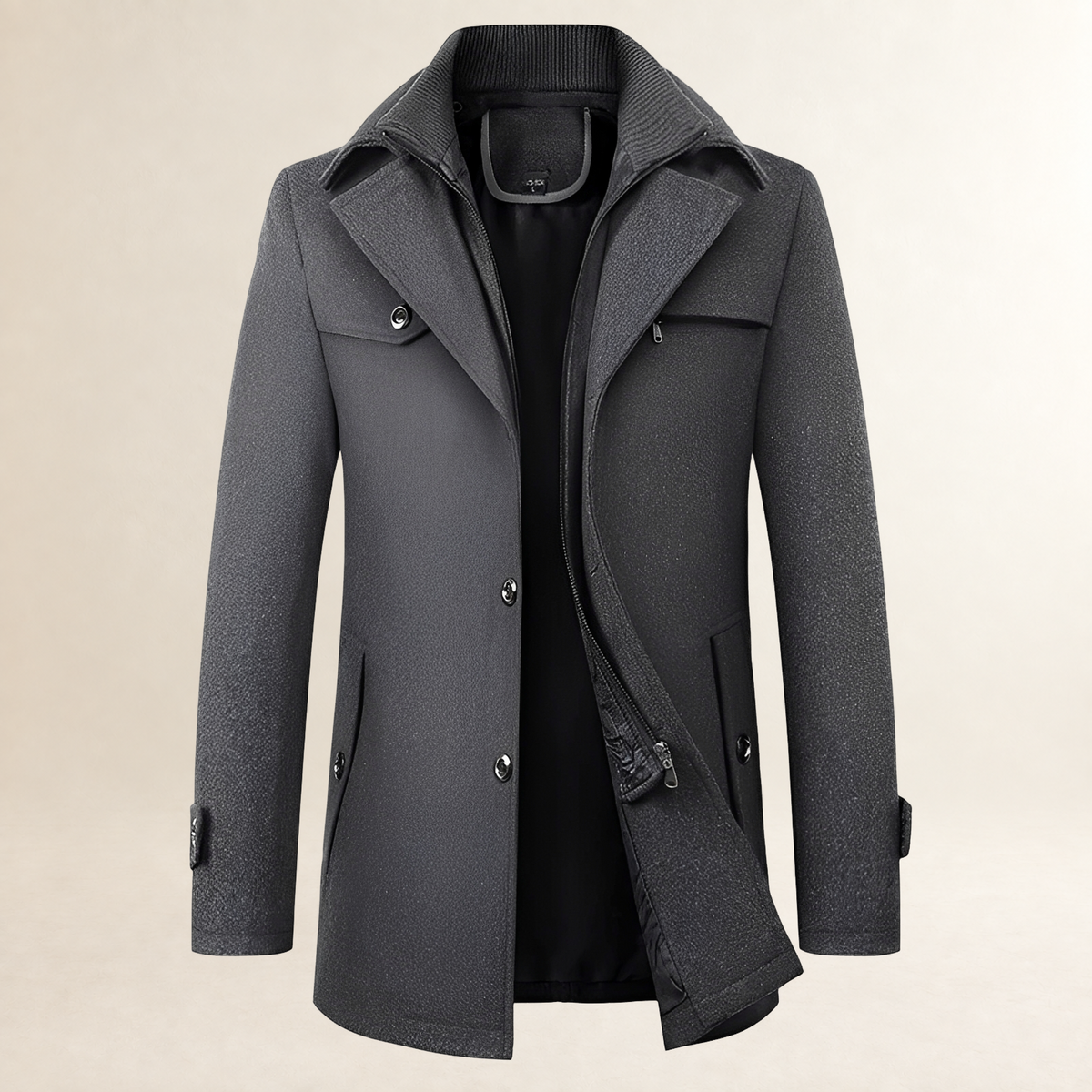 Men's Mid-Length Pea Coat - Notched Lapel, Button Front, Flap Pockets