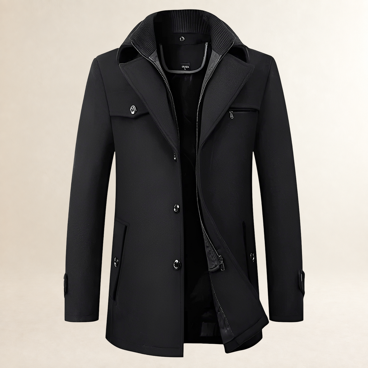 Men's Mid-Length Pea Coat - Notched Lapel, Button Front, Flap Pockets