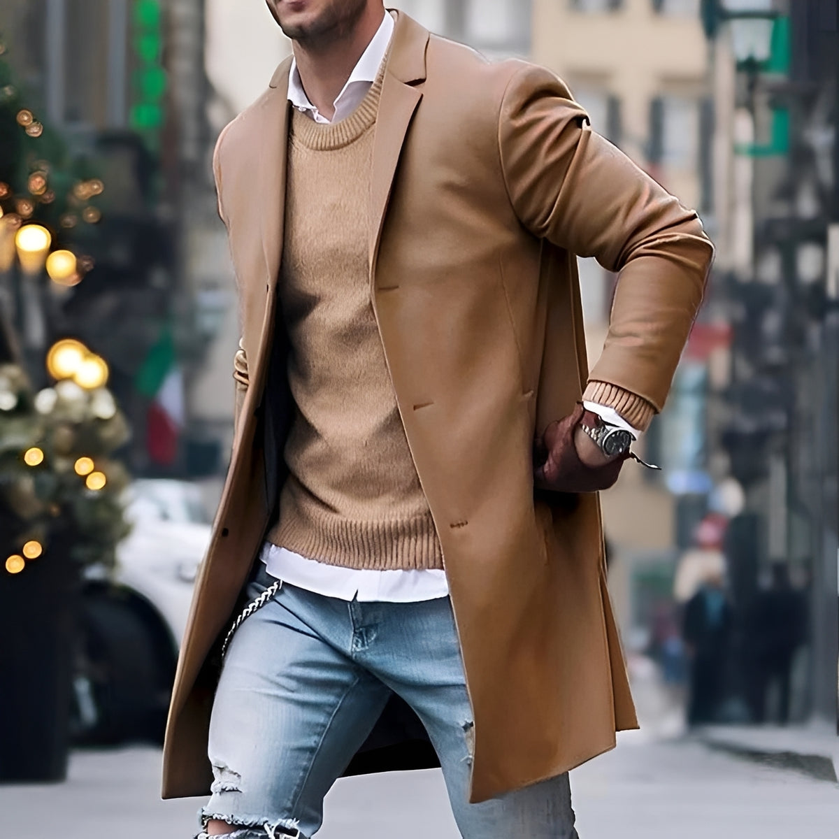 Men's Mid-Length Single Breasted Coat with Notch Lapel - Fitted Silhouette