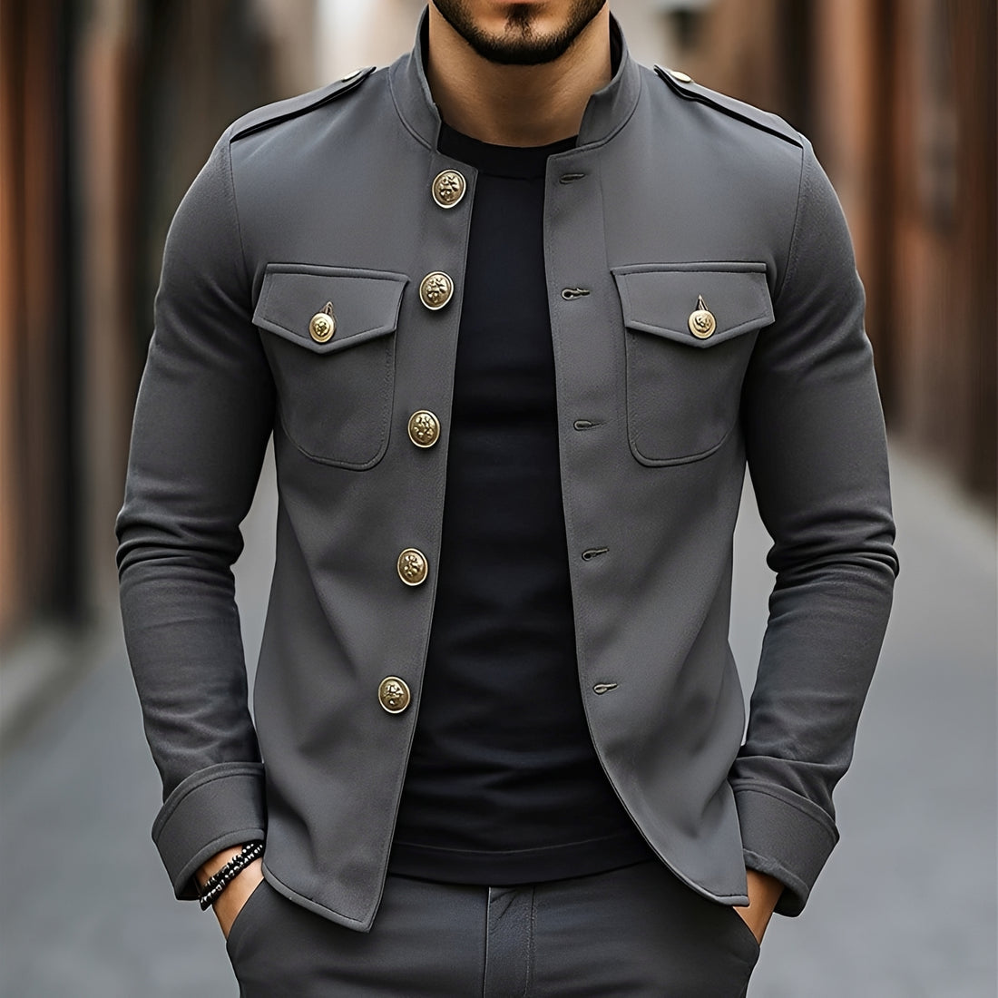 Men's Military Style Button Jacket - Stand Collar, Long Sleeve