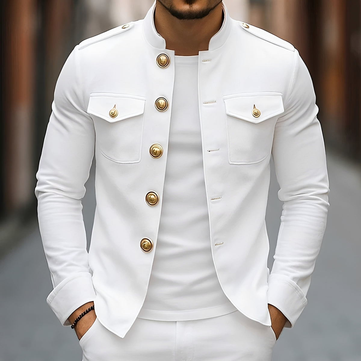 Men's Military Style Button Jacket - Stand Collar, Long Sleeve