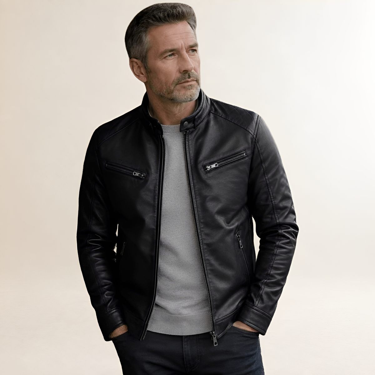 Men's Moto Jacket Zip-Front Biker-Style with Stand Collar, Snap Tab & Chest Zip Pockets