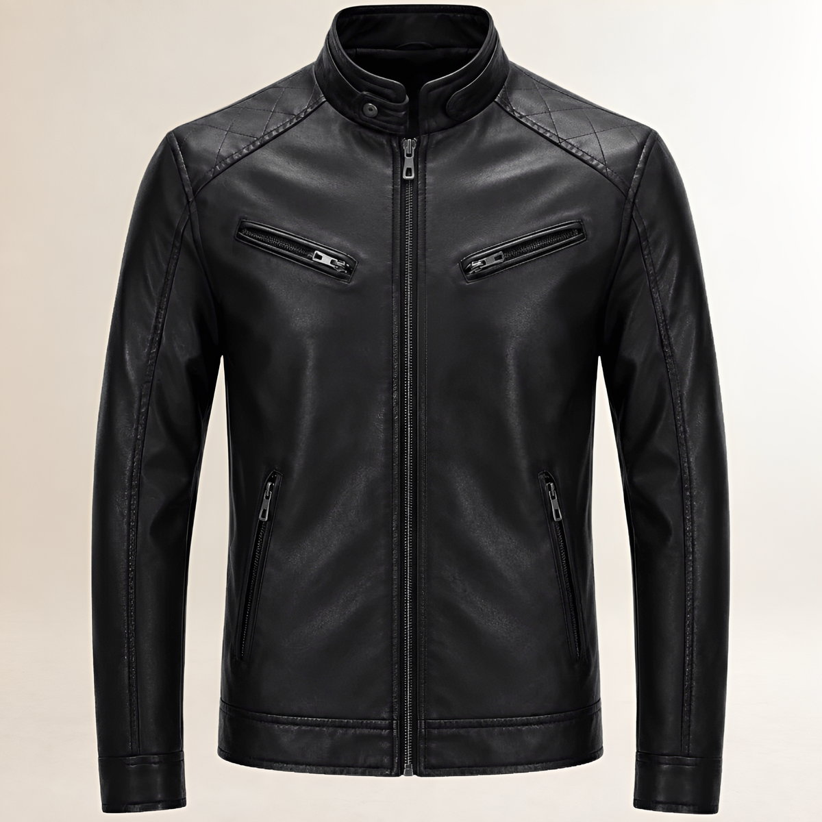 Men's Moto Jacket Zip-Front Biker-Style with Stand Collar, Snap Tab & Chest Zip Pockets