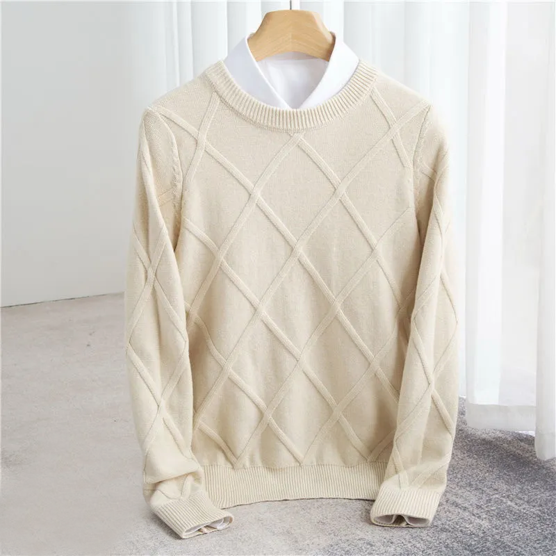Men's O-Neck Sweater with Argyle Pattern and Ribbed Cuffs - Regular Fit