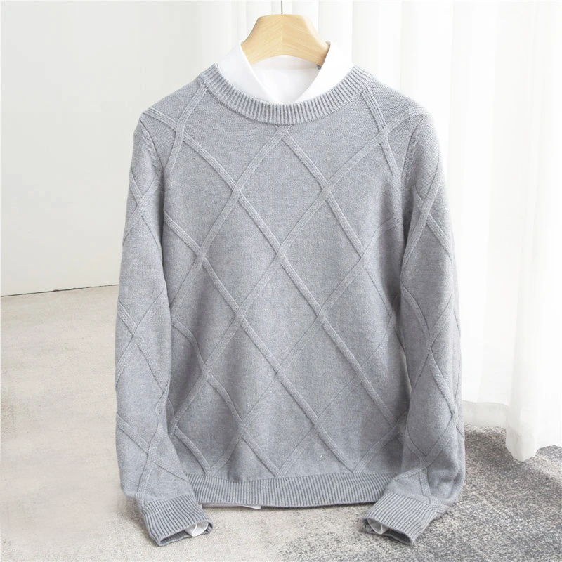 Men's O-Neck Sweater with Argyle Pattern and Ribbed Cuffs - Regular Fit