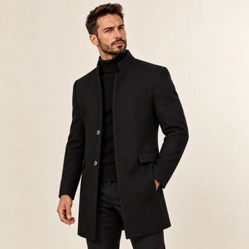 Men's Overcoat with Stand Collar and Button Closure - Tailored Fit