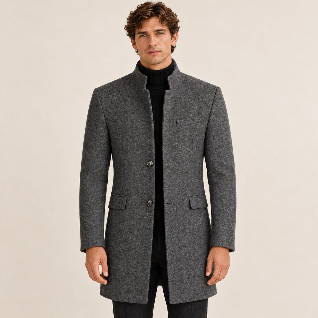 Men's Overcoat with Stand Collar and Button Closure - Tailored Fit