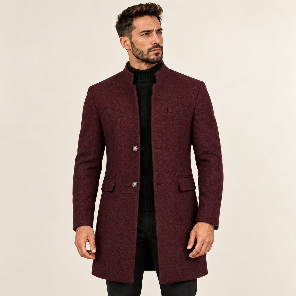 Men's Overcoat with Stand Collar and Button Closure - Tailored Fit